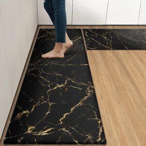 NEW Set of 2 Anti-Fatigue Kitchen Rug Marble Black Gold Abstract Cushioned Rugs